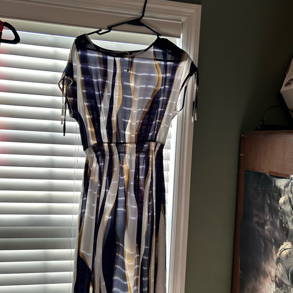Tan and White Midi Sheath Dress with Crew Neck